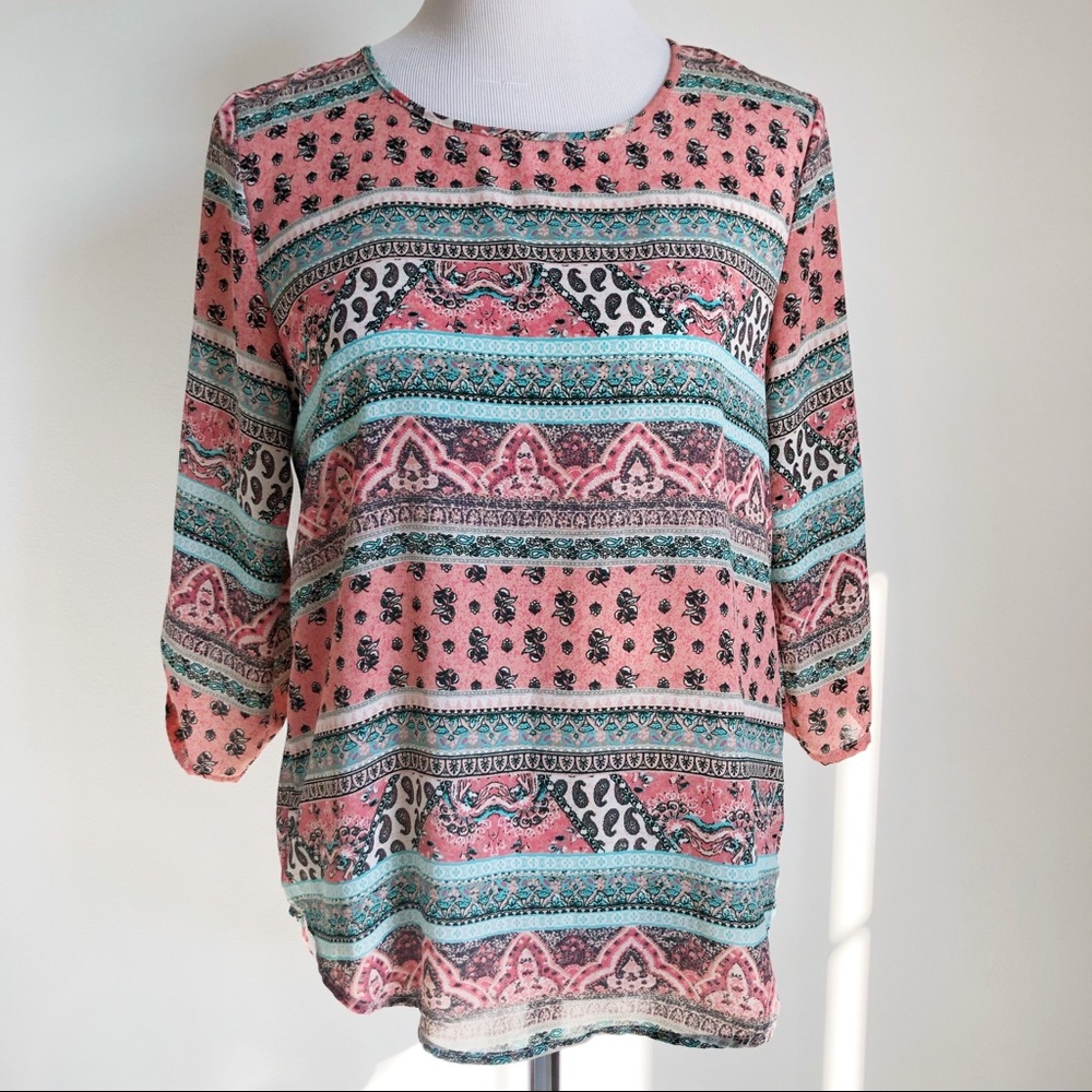 Pink Republic Women’s Salmon Turquoise Print Paisley Boho Flowy Top, size Medium - Picture 1 of 16